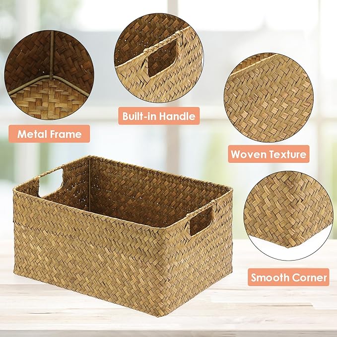 Hipiwe Seagrass Storage Basket Bin Rectangular Handwoven Wicker Storage Box with Handle Opened Baskets Box for Shelf Organizing Closet Bathroom, Caramel, Medium
