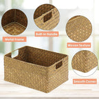 Hipiwe Seagrass Storage Basket Bin Rectangular Handwoven Wicker Storage Box with Handle Opened Baskets Box for Shelf Organizing Closet Bathroom, Caramel, Medium