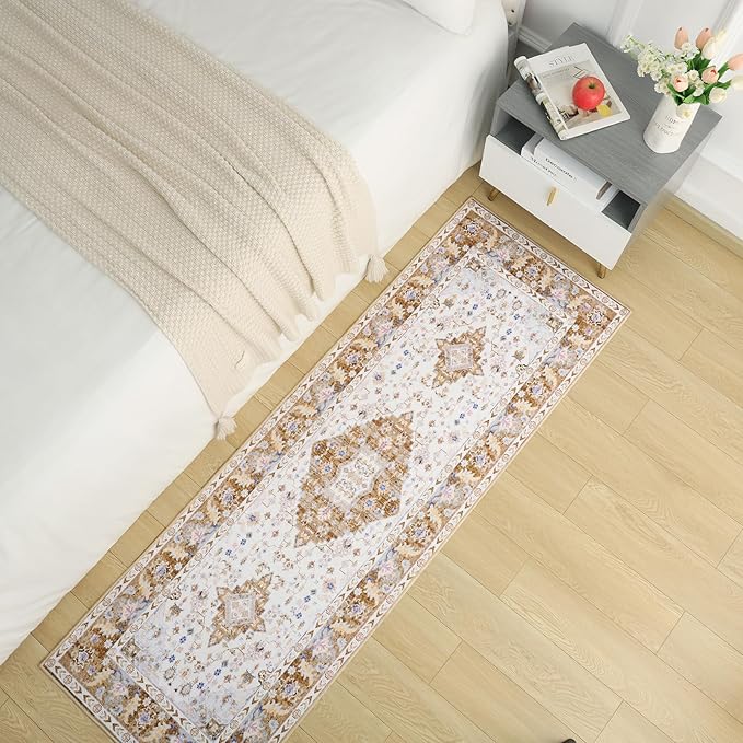 Amearea Vintage Design Runner Rugs for Living Room, 2x6 Machine Washable Floral Collection Traditional Bedroom Rug, Low Pile Cute Kids Room Print Carpet, No Slip Office Kitchen Home Decor, Gold Yellow