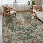 4x6 Rug for Living Room Bedroom, Green Washable Throw Rugs, Vintage Retro Boho Area Rugs, Non Slip & Low Pile Accent Throw Carpet for Indoor Dining Room, Kids Room and Office(Green 4x6ft)