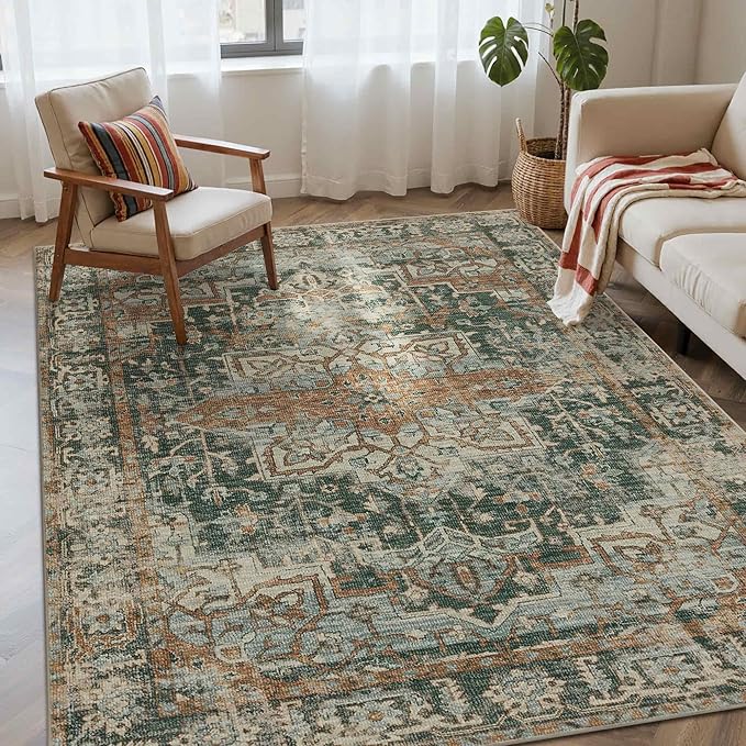 4x6 Rug for Living Room Bedroom, Green Washable Throw Rugs, Vintage Retro Boho Area Rugs, Non Slip & Low Pile Accent Throw Carpet for Indoor Dining Room, Kids Room and Office(Green 4x6ft)