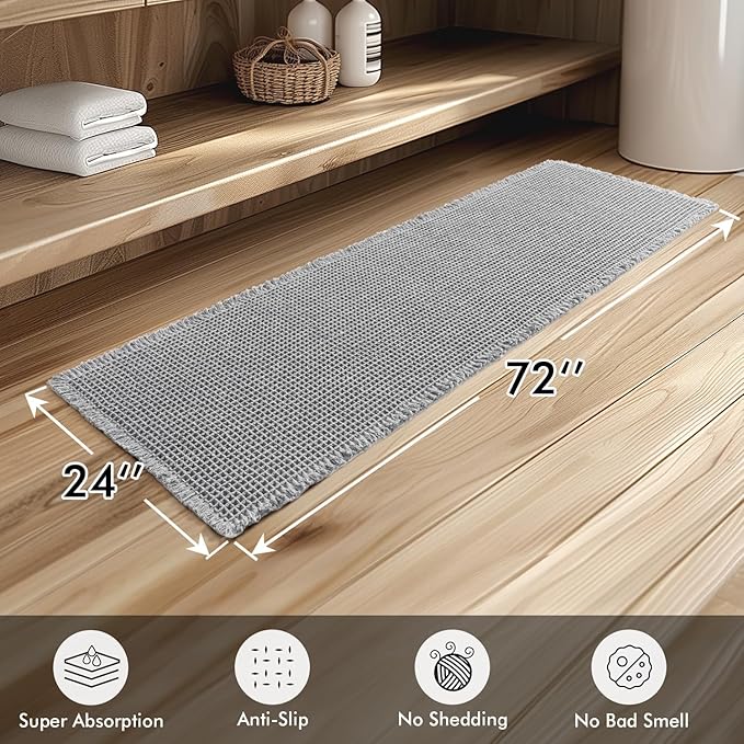 MIULEE Set of 2 Waffle Bathroom Runner Rugs, Boho Bath Rugs Non Slip Washable, Super Absorbent Runner Bath Mats, Rubber Backed, Ideal for Hallway Laundry Room, Light Grey, 2'x6'(24x72 Inch)