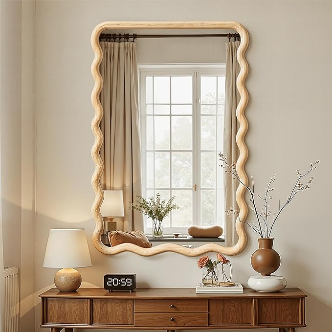 Wavy Mirror for Wall, 30"x20" Boho Bathroom Floor Vanity Mirror with Wooden Frame, for Bedroom, Living Room, Entryway, Farmhouse