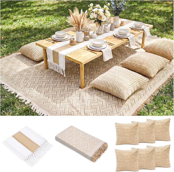 Extra Large Outdoor Boho Picnic Blanket with Table Runner and 6 Throw Pillows Covers for Outdoor Essentials Beach Accessories Garden Party Decoration Patio Park Lawn Grass Ground Festival Mat Beige XL