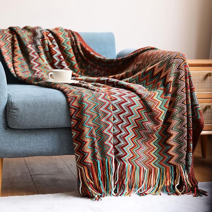 Bohemian Boho Throw Blankets, Knitted with Tassel, Outdoor Reversible Soft Cozy Lightweight Throw Blankets, Couch Bed Sofa Decorative Afghan Throw Blanket All Seasons Red 50x60 inches