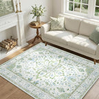 Area Rugs 4'x6' Washable Non-Slip, Floral Vintage Distress Print Pattern Medallion Carpet for Living Room Bedroom Dining Room, Green White Blue
