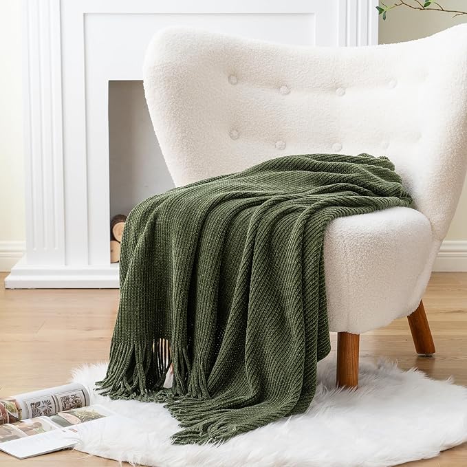 BATTILO HOME Olive Green Throw Blanket for Couch, Soft Chenille Knit Throws with Tassels for Home Decor, Green Throws for Couch Cover, 50"x60"