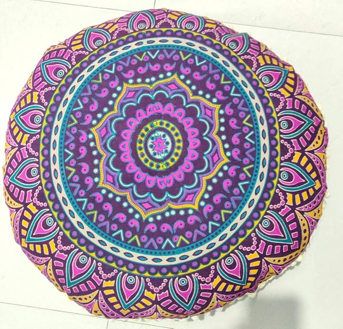 INDIAN CRAFT CASTLE New Pink Ombre 24" Mandala Barmeri Large Floor Pillow Cover Cushion Meditation Seating Ottoman Throw Cover Hippie Decorative Zipped Bohemian Pouf Ottoman Pom Pom Cases 24" Round