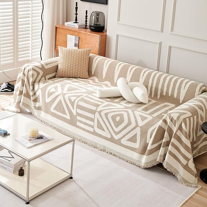 ROOMLIFE Khaki Boho Couch Cover for 3 Cushion Couch L Shape Sofa Covers for Sectional Sofa Reversible Silpcover for Dogs Washable Chenille Furniture Protector for Living Room, 71"x150"