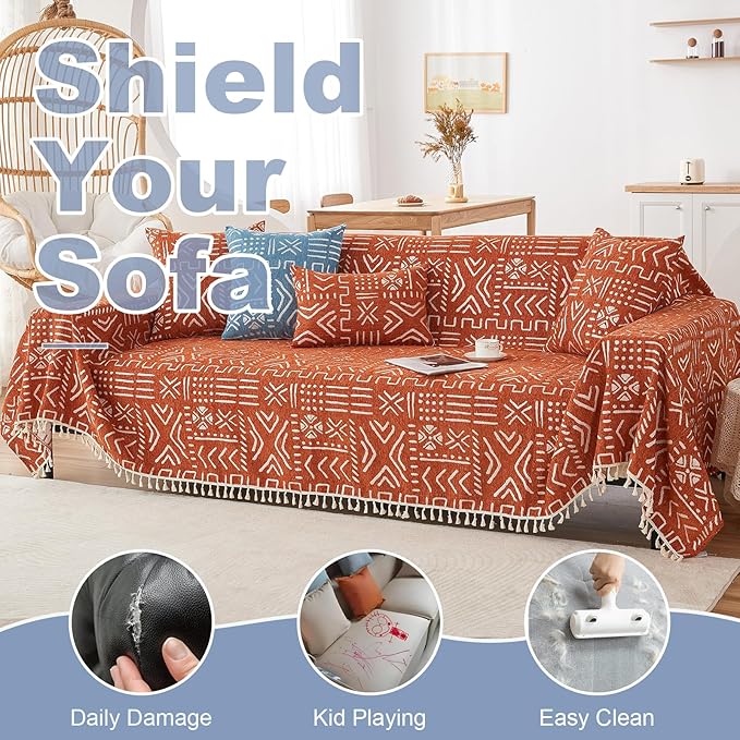 VClife Boho Couch Cover for 3 Cushion Couch Sofa Durable Soft Chenille Sofa Slipcover for Sectional Sofa, 1 PC Multi-Functional Sofa Covers Protector, Caramel and White Furniture Protector 71" x 134"