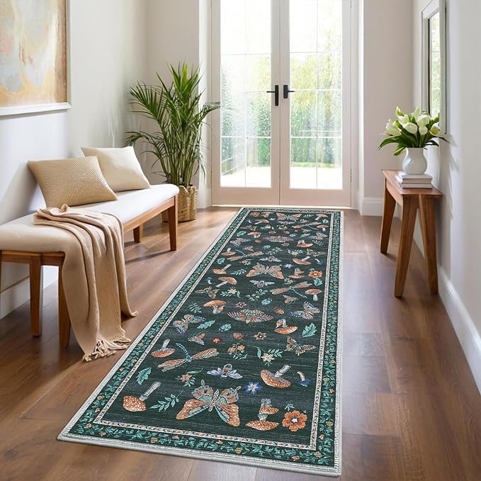 Mushroom Insect Rug 2x6 Runners for Hallways, Boho Kitchen Runner Rugs Non Slip Bath, Modern Washable Rug for Bedroom, Soft Long Rugs for Entryway Bathroom Laundry Dorm, Black