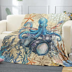 Octopus Throw Blanket, Vintage Soft Cozy and Warm Couch Blankets Gift for Octopus Lover, Decorative Blankets for Sofa Couch Bed, Blue Beige 50×60 inches