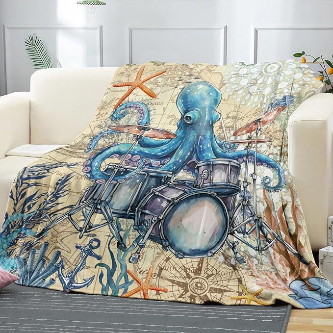 Octopus Throw Blanket, Vintage Soft Cozy and Warm Couch Blankets Gift for Octopus Lover, Decorative Blankets for Sofa Couch Bed, Blue Beige 50×60 inches