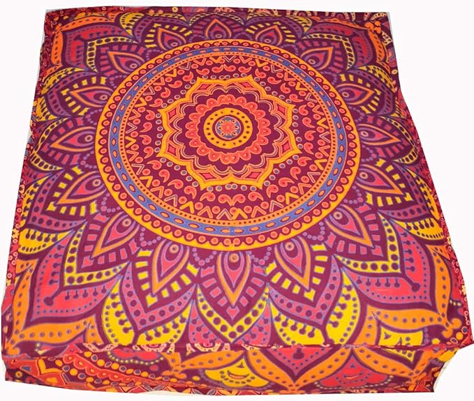 CRAFT KALA Mandala Floor Pillow Cushion Cover Seating Throw Cover Hippie Decorative Bohemian Ottoman Poufs Pom Pillow Cases Boho Indian Cotton Living Room Yoga Home Décor (24" Square New Orange Ombre)