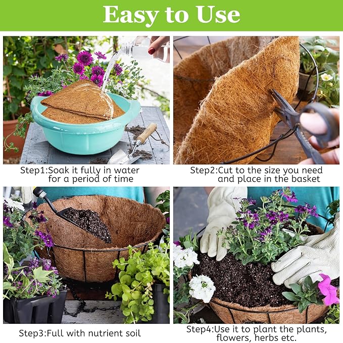 Riare 4 Pack 16 Inch Round Coco Liners Replacement, 100% Natural Coconut Coir Liners for Hanging Baskets, Garden Flower Vegetables Planter Pot, Window Box, Fence, Decks