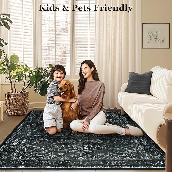 Dark Distressed Washable Area Rugs 9x12 Living Room, Black Vintage Medallion Printed Big Carpet Rugs for Bedroom, Washable Non Slip Low Pile Thin Rugs for Dining Room Home Office