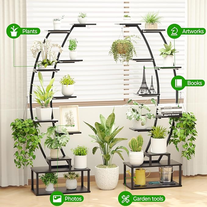 Plant Stand Shelf Rack Indoor with 8 Built in Grow Light, 10 Tiered 65" Tall Black Large Lighted Half Moon Curved Plant Stand for Indoor Growing, 2 Pack Arch Sturdy High Herb Flower Shelving