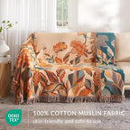 Boho Throw Blanket for Couch Sofa Bed, 100% Cotton Woven Quilt with Tassel 80”x90”, Super Soft Muslin Blanket with Floral Printed, Decorative Reversible Bed Blanket/Cover for All Seasons