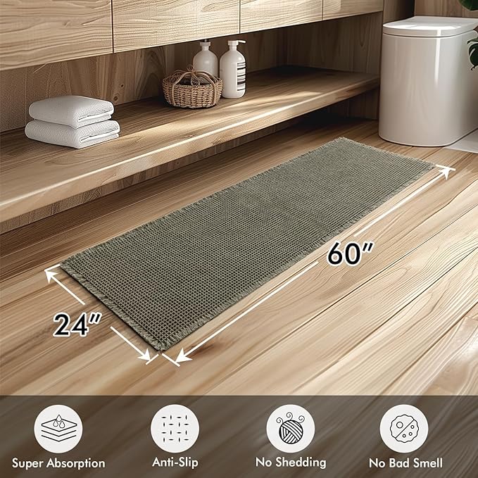 MIULEE Set of 2 Waffle Bathroom Runner Rugs, Boho Bath Rugs Non Slip, Super Absorbent Runner Bath Mats, Rubber Backed Shower Mats for Hallway Bedroom Laundry Room, Green, 2'x5'(24x60 Inch)