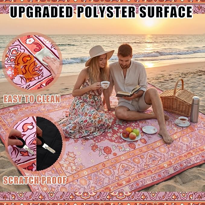 Boho Picnic Blankets 80''x 80'' Extra Large Beach Blanket Waterproof Sandproof Foldable Machine Washable Vintage Grass Lawn Park Mat for Family Camping Party Music Festival