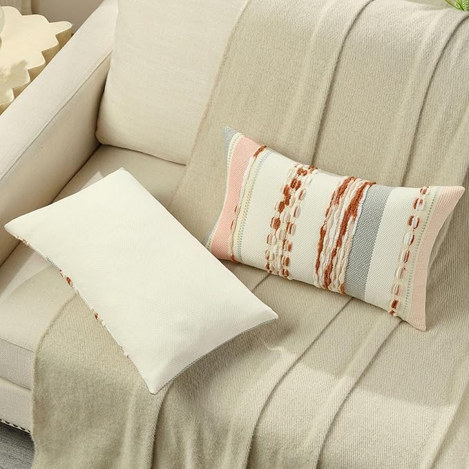FUTEI Rust Beige Decorative Throw Pillow Covers 12x20 Inch Set of 2, Soft Tufted Striped Textured Accent Pillow Case,Boho Pillows for Couch Decor