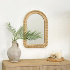 Arched Rattan Wall Mirror – 16x24 Inch Boho Elegance with Woven Frame and Wooden Bead Trim, Decorative Mirror for Bathroom Vanity Entryway Living Room