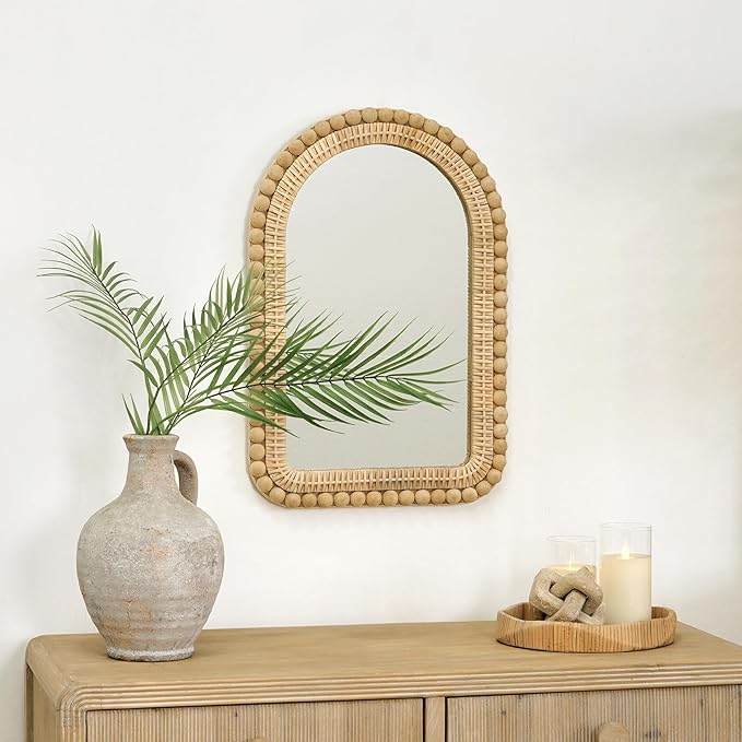 Arched Rattan Wall Mirror – 16x24 Inch Boho Elegance with Woven Frame and Wooden Bead Trim, Decorative Mirror for Bathroom Vanity Entryway Living Room