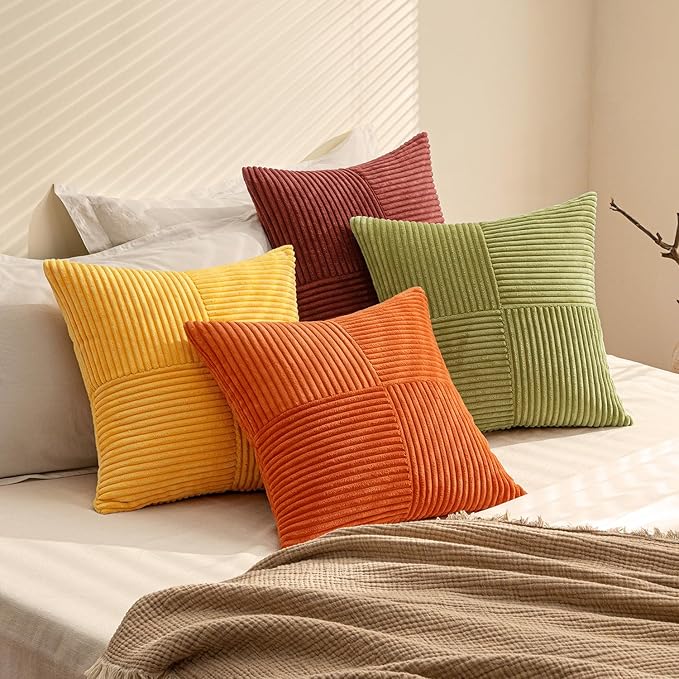 MIULEE Yellow Orange Rust Throw Pillow Covers 20x20 Inch 4 Packs Boho Farmhouse Decorative Color-Clash Pillow Cases Soft Cushion Cases for Couch Sofa Bed Corduroy Striped Home Decor