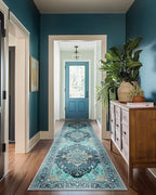 Area Rugs 2'x8' Runner Rug Non Slip Washable for Kitchen Hallway Bedroom Beside Laundry Room Bathroom Rug, Floor Carpet, Teal Green Lake Blue Turquoise