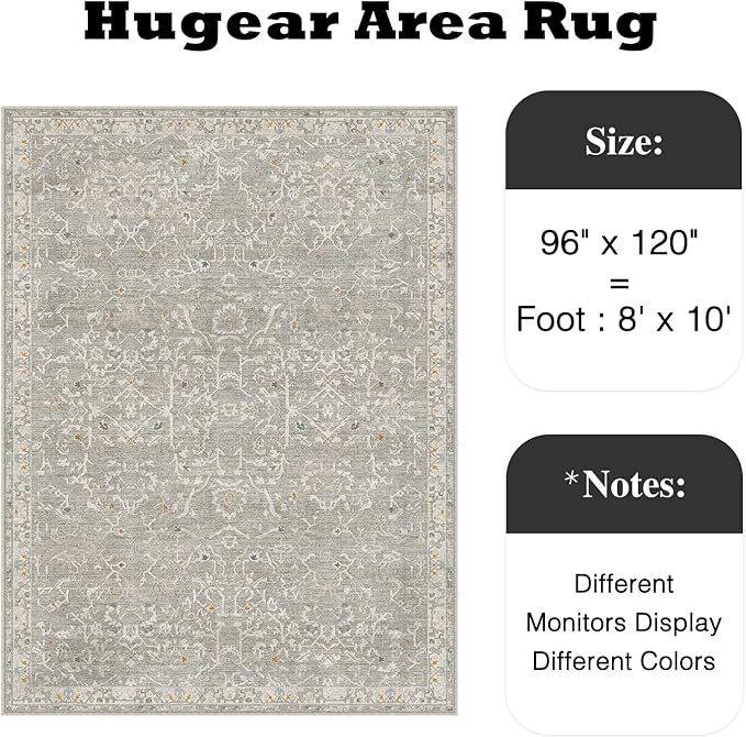 HUGEAR Area Rug 8x10 Retro Grey Machine Washable Living Room Rugs Distressed Vintage Floral Vacuumable Low Pile Carpet Bedroom Office Dining Room Laundry Room Non Slip Soft Lightweight