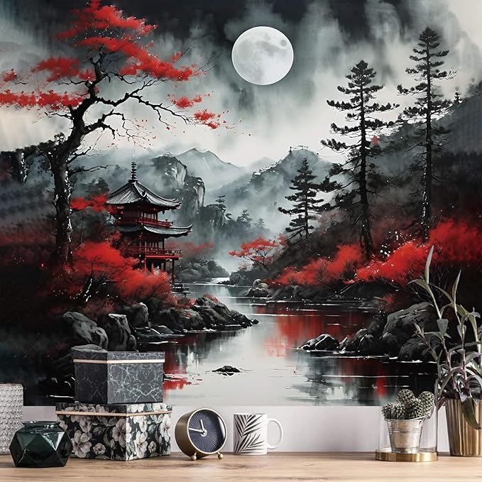 Atrippy Anime Wall Tapestry for Bedroom Aesthetic, Black Forest Japanese Moon Tapestry Wall Hanging, Vintage Nature Mountain Art Decor Dark Landscape Backdrop for Living Room 51"X60"