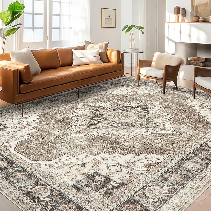 6x9 Area Rugs for Living Room, Washable Rug with Non-Slip Backing, Ultra-Thin Rugs for High-Traffic Areas, Super-Soft Floral Vintage Farmhouse Large Area Rug (Brown/Beige, 6'x9')