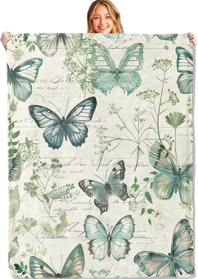 Retro Butterfly Throw Blanket - 40x50in,Ultra Soft, Cozy Lightweight Flannel,Botanical Floral Vintage Blankets - Gifts for Women & Nature Lovers,for Couch Home Living Room Tranquil Decor