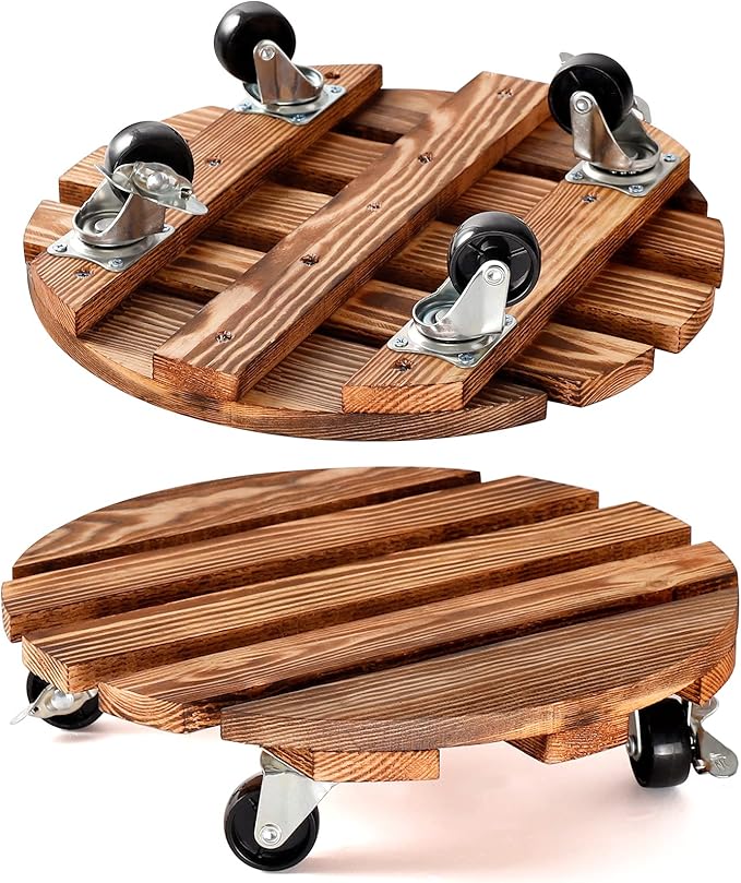HOHY 2-Pack 12" Plant Caddy Plant Stand with Wheels Heavy Duty Wood Rolling Plant Stand with 2 360° Lockable Wheels,Indoor Outdoor Plant Roller for Large Planters, Flower Pot, Patio