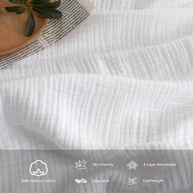 FOSSA Muslin Blanket with Fringe - 4-Layer 100% Cotton Gauze Super Soft & Breathable Throw -Lightweight Decorative Cooling Blanket for Bed, Sofa, Office -Super King 108" x 98" (Bright White)
