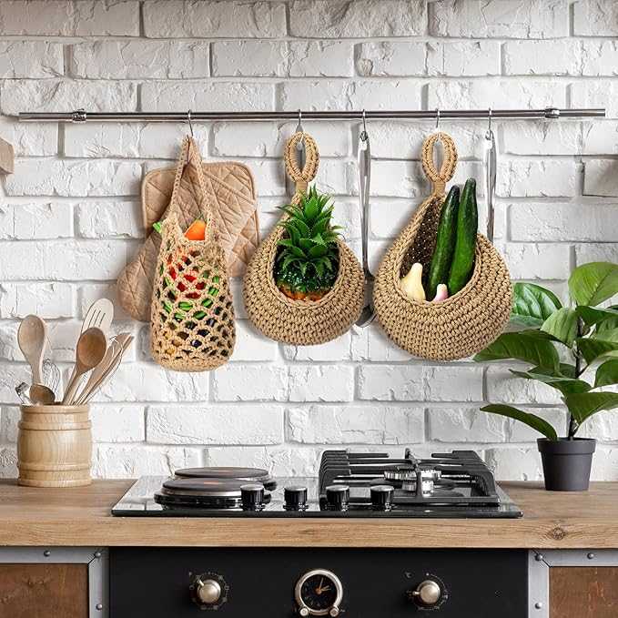 9 Pcs Jute Fruit Hanging Baskets for Kitchen, Boho Woven Wall Baskets, Produce Storage for Garlic Onion Potato Banana, Space Saving Farmhouse Kitchen Decor (Brown)(Brown)