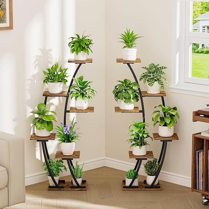 Plant Stand Indoor with Grow Lights, Plant Shelf Indoor 2 Pack, Corner Plant Stands for Indoor Plants, 6 Tiered Plant Flower Display Shelf, Half-Moon Plant Rack for Home, Living Room, Black