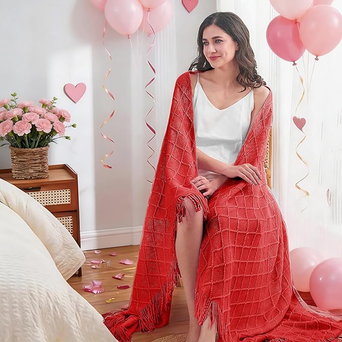 inhand Red Knitted Throw Blanket for Couch Bed, Mothers Day/Mom Birthday Gifts for Mom from Daughter Son, Soft Lightweight with Tassels, Farmhouse Warm Decorative Blanket for Women, 60"x80"
