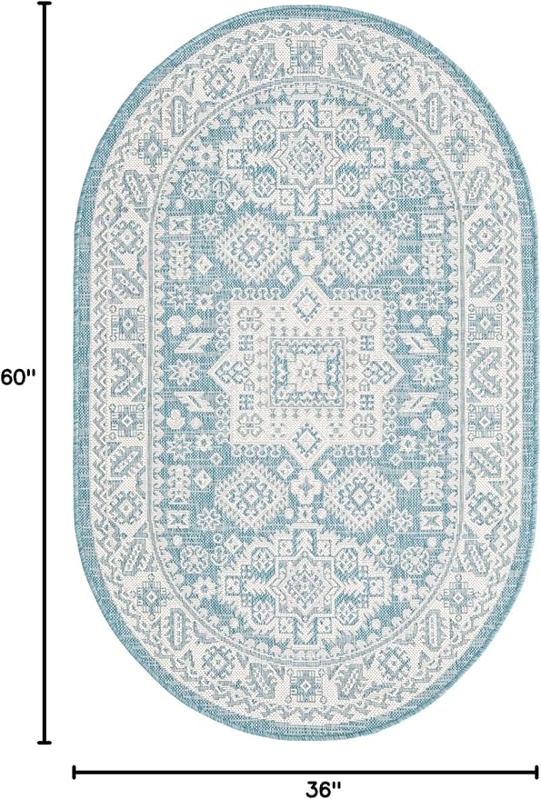 Rugs.com Outdoor Aztec Collection Rug – 3' x 5' Oval Aqua Flatweave Rug Perfect for Living Rooms, Large Dining Rooms, Open Floorplans