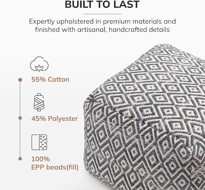 Anji Mountain Pouf Ottoman Foot Rest, Handmade Ottoman Pouf, Comfortable Foot Stool, Decorative Floor Seating for Living Room Decor, Bedroom & Home Décor Accent - Charcoal