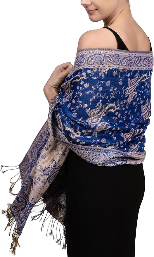 Achillea Reversible Paisley Pashmina Rave Scarf – Exotic Indian Shawls and Wraps for Evening Dresses, Festivals, All Seasons