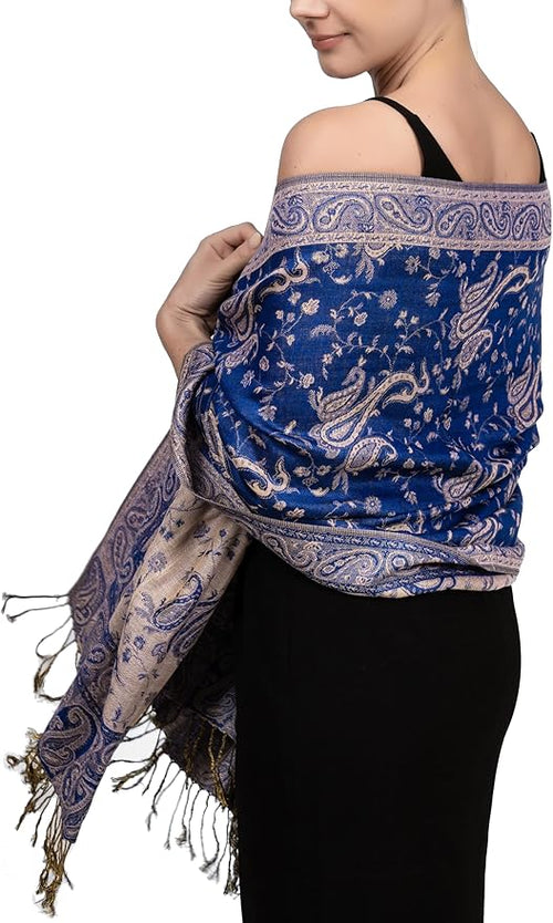 Achillea Reversible Paisley Pashmina Rave Scarf – Exotic Indian Shawls and Wraps for Evening Dresses, Festivals, All Seasons