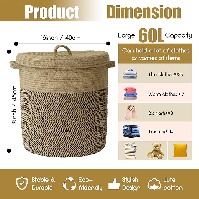 Extra Large Storage Basket with Lid 60L, 16"Wx18"H Woven Laundry Hamper Basket with Handle, Jute Rope Wicker Basket Blankets Pillows Storage in Living Room Baby Nursery, Jute/Black Mix includes Lid