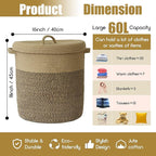 Extra Large Storage Basket with Lid 60L, 16"Wx18"H Woven Laundry Hamper Basket with Handle, Jute Rope Wicker Basket Blankets Pillows Storage in Living Room Baby Nursery, Jute/Black Mix includes Lid