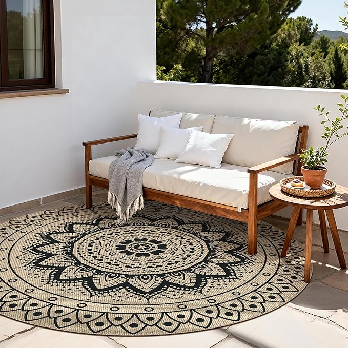 Outdoor Round Rug 8ft, Easy Jute Rug Washable Indoor Outdoor Patio Rug, Non Slip Round Area Rug Farmhouse Front Door Mat,Boho Lightweight Carpet for Backyard Patio Entry (Black,8 Ft)