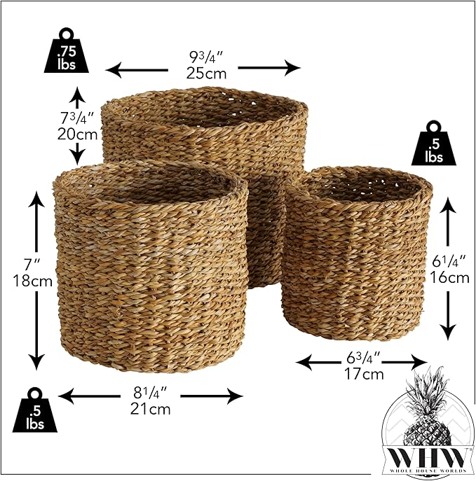 WHW Whole House Worlds Made by Nature Seagrass Baskets, Round, Natural Chunky Sweater Weave, Set of 3, Made by Hand, from 9.75-6.75 D Inches, Ideal for Storage