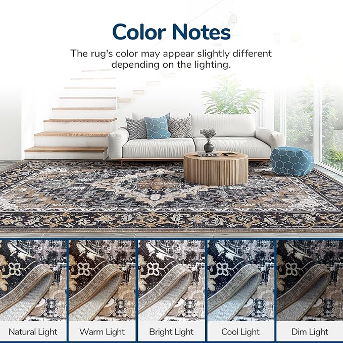 Lessymo 9 x 12 Area Rugs for Living Room, Machine Washable Area Rugs Boho Faux Wool Low Pile Area Rug for Bedroom, Floral Medallion Vintage Rugs with Non-Slip Rubber, Kid & Pet Friendly,Black Brown