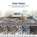 Lessymo Area Rugs 5x7, Machine Washable Area Rug, Super Soft Faux-Wool Area Rugs for Living Room Bedroom Kitchen, Boho Vintage Floral, Non-Slip Low Pile, Kid & Pet Friendly, Black Brown