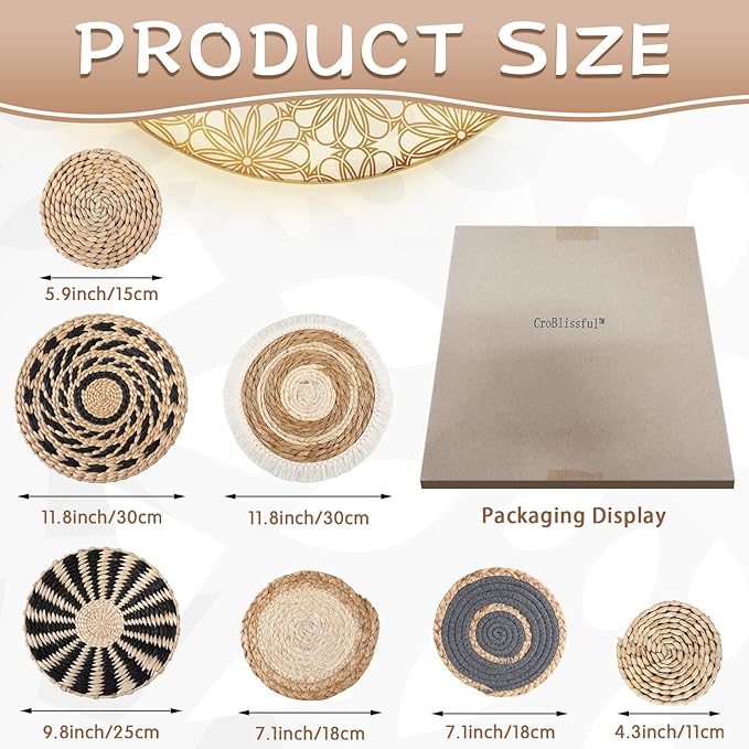 7 Pcs Boho Wall Basket Decor Hanging Handcrafted Seagrass Woven Round Bohemian Basket Wall Decoration Art for Farmhouse Home Room Rustic Decorations Table, Multi Sizes(Classic)