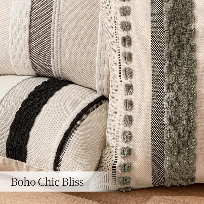 ANRODUO Pack of 2 Boho Decorative Throw Pillow Covers 20x20 Farmhouse Cushion Case Striped Chenille Pillow Cases Square Pillow Covers Accent Neutral Pillowcase for Sofa Couch Bed, Black-White Stripe 2